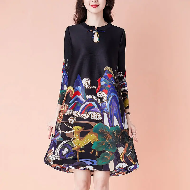 

Improved cheongsam pleated dress 2022 spring and autumn new fashion retro temperament big size big size thin mother dress