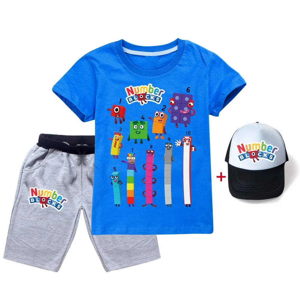 Kids Clothes Set Short Sleeve T Shirts Number Blocks T-shirt Children's Clothing Boys Tshirt+short Pant+Hat 3Pcs Teen Girls Tops