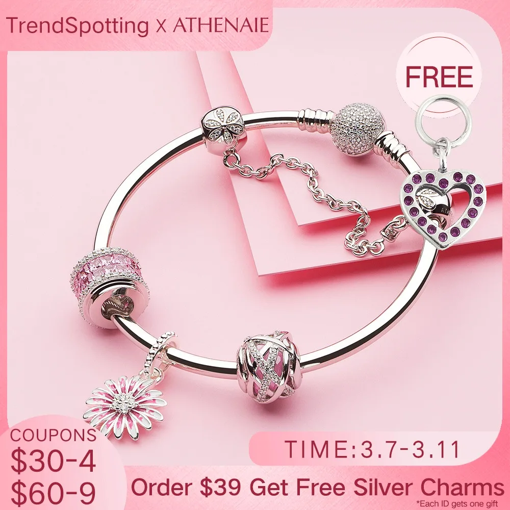 

ATHENAIE 925 Sterling Silver Mixed Enamel Shine Zircons Daisy Charms Bracelet for Women DIY Jewelry
