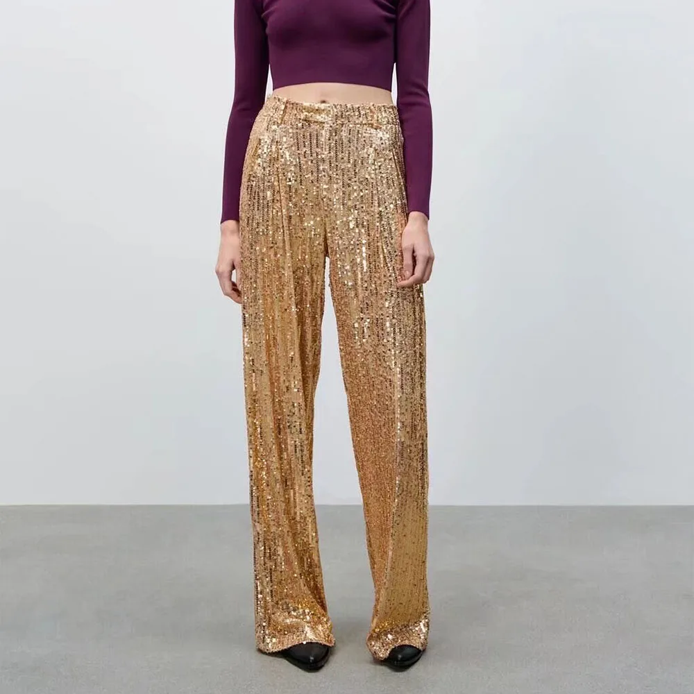 

Women's Spring 2022 New Chic Fashion Sequin Pants Side Pockets Loose Wide Leg Pants Retro Women's Pants Mujer