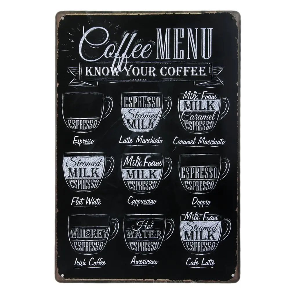 

Coffee Menu Know Your Coffee Metal Tin Sign Wall Decorative Sign 8" X 12" 1