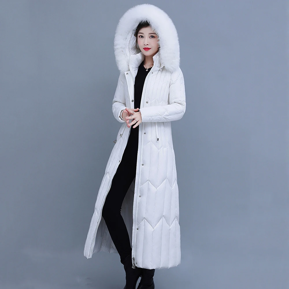New Women Winter Thicken Keep Warm Down Doat Fashion Real Fox Fur Collar Lengthened Dress-style Down Jacket Slim Hooded Overcoat