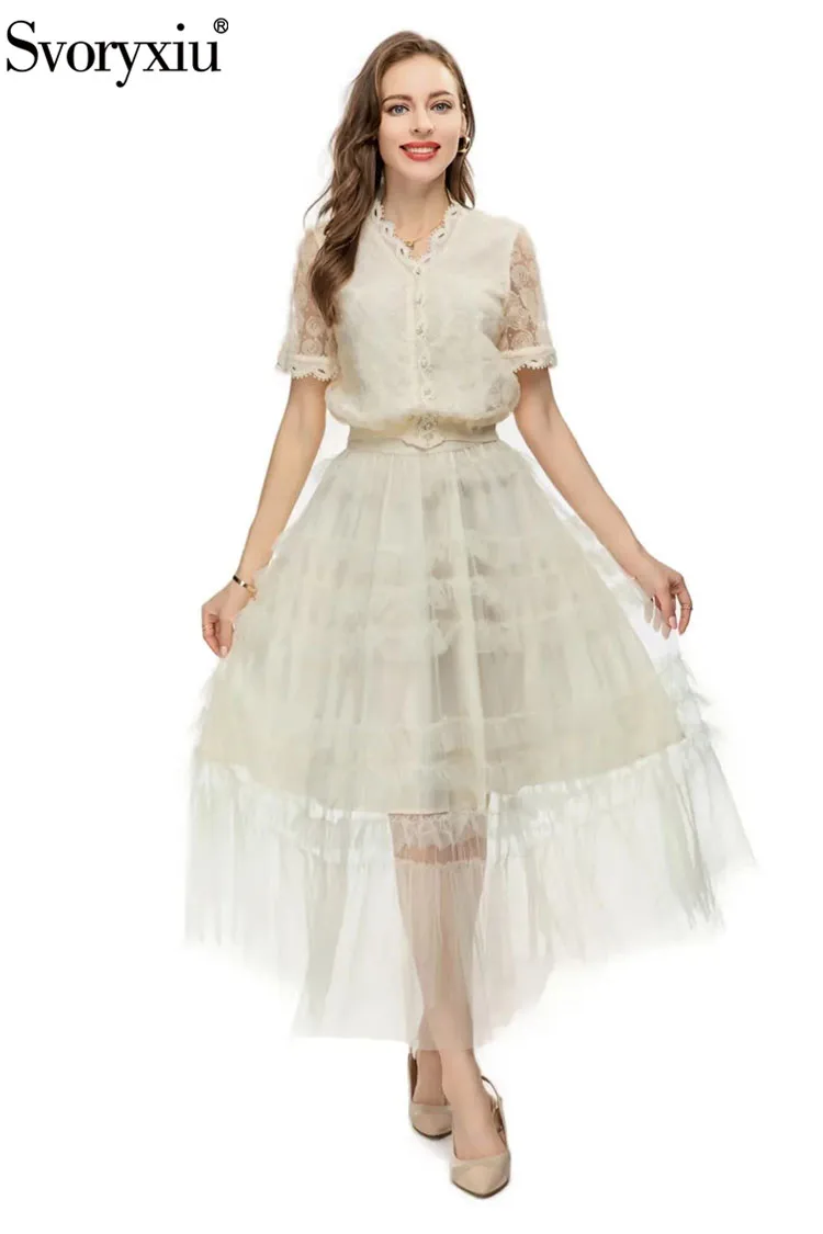 

Svoryxiu New Designer Fashion Summer Elegant Beige Color Gauze Skirt Suit Women's Short Sleeve Button Shirt+Elastic Waist Dress