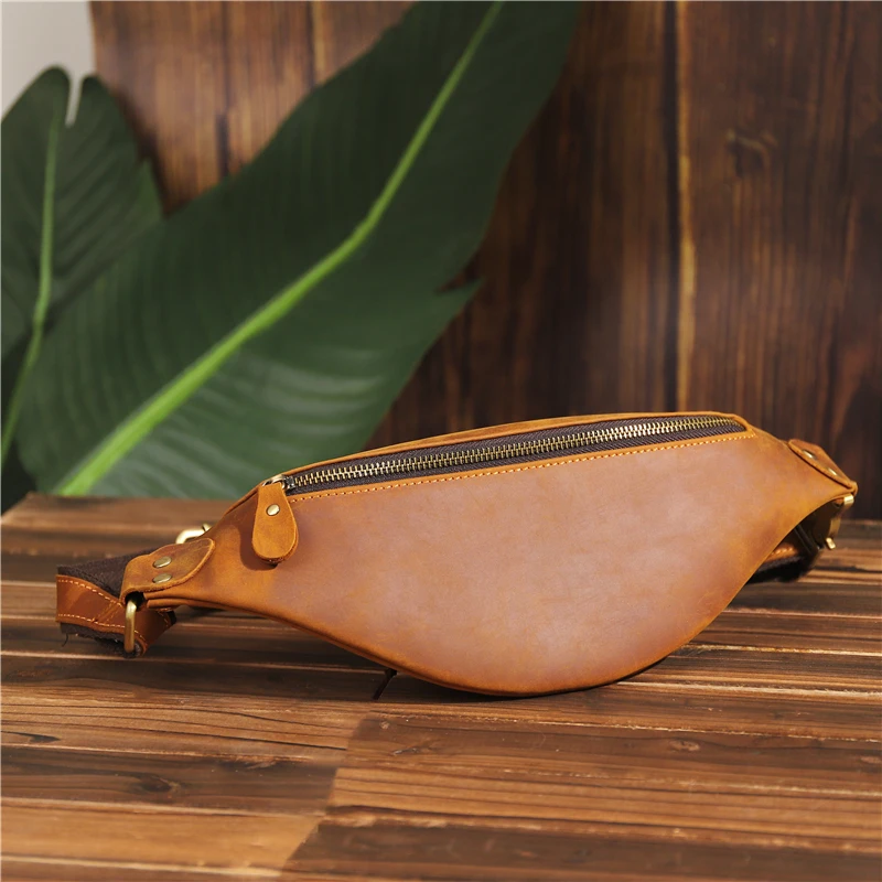 2021 Genuine Leather Travel Waist Bag Bum Bag Hip Pouch For Men Crazy Horse Leather Shoulder Bag Backpack Large Compartments