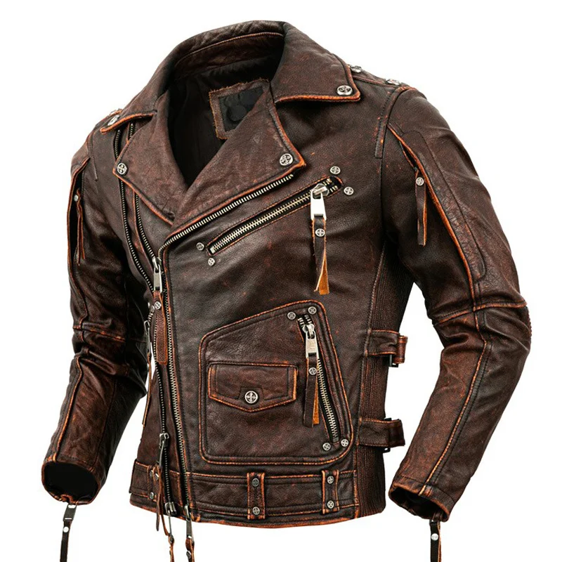 

Мужская мотоциклетная куртка из натуральной телячьей кожи, облегающий жакет из воловьей кожи в стиле ретро, Байкерская Одежда для верховой ...
