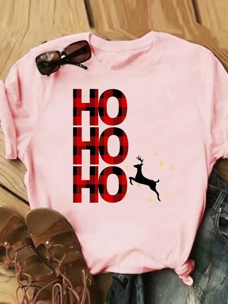 

Трендовая одежда в клетку с надписью и оленем, футболка с графическим рисунком, модная женская футболка на Рождество, праздник, новый год, по...