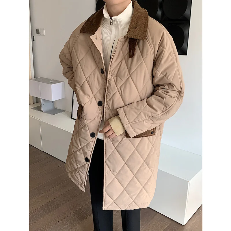 Winter Thick Long Coat Men Warm Fashion Cotton Oversized Jacket Men Korean Loose Khaki Black Plaid Overcoat Mens Parker M-2XL