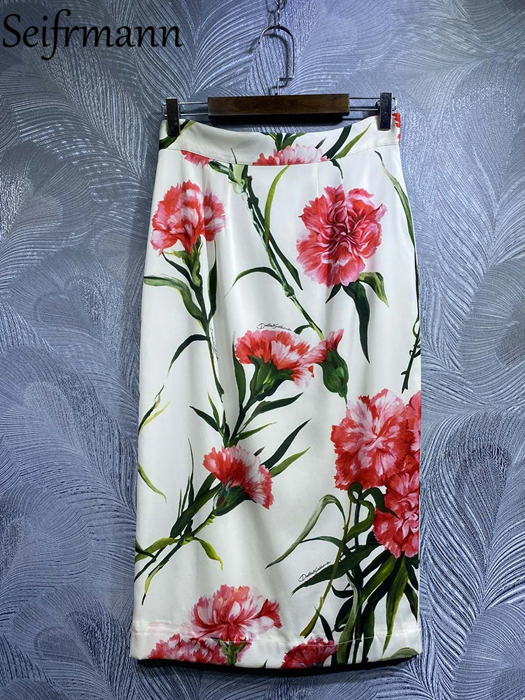 

Seifrmann High Quality Summer Women Fashion Designer Real Silk Skirts High Waist Safflower Flower Printed Bodycon Midi Skirts