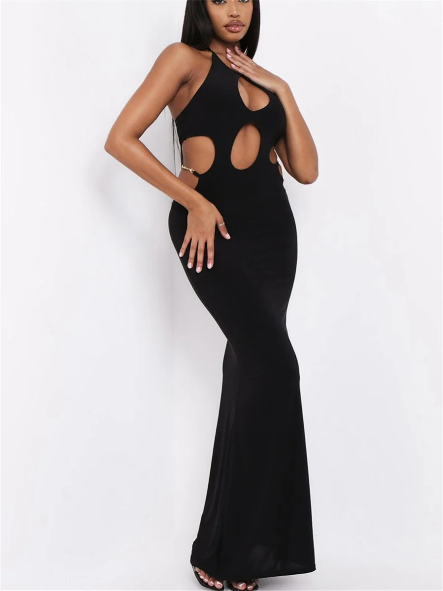 

wsevypo Sexy Black Halterneck Tie Up Long Dresses for Club Party Summer Women Sleeveless Cutout Hollow Wrapped Bodycon Dress