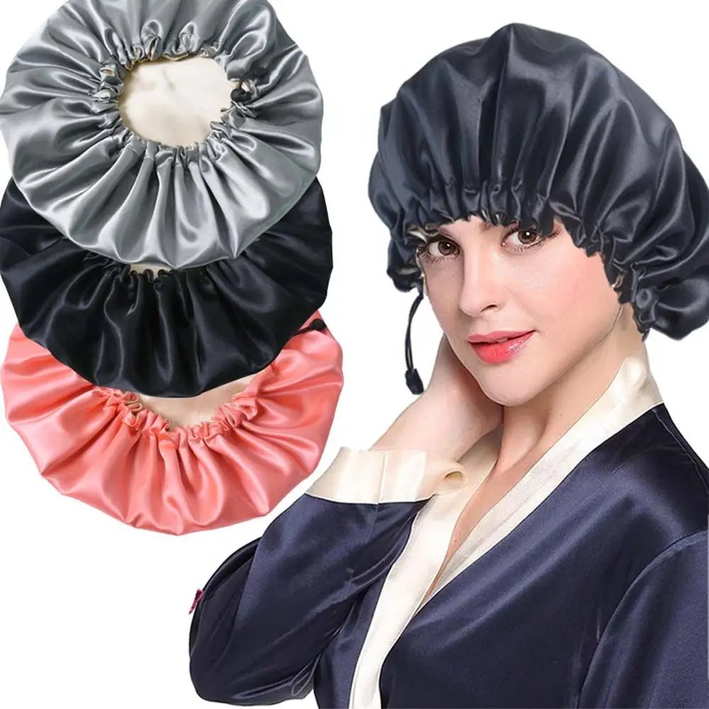 

Multifunction Satin Bonnet Double Layer Collapsible Shower Cap Round Solid Color Adjustable Night Hair Cap For Curly Hair
