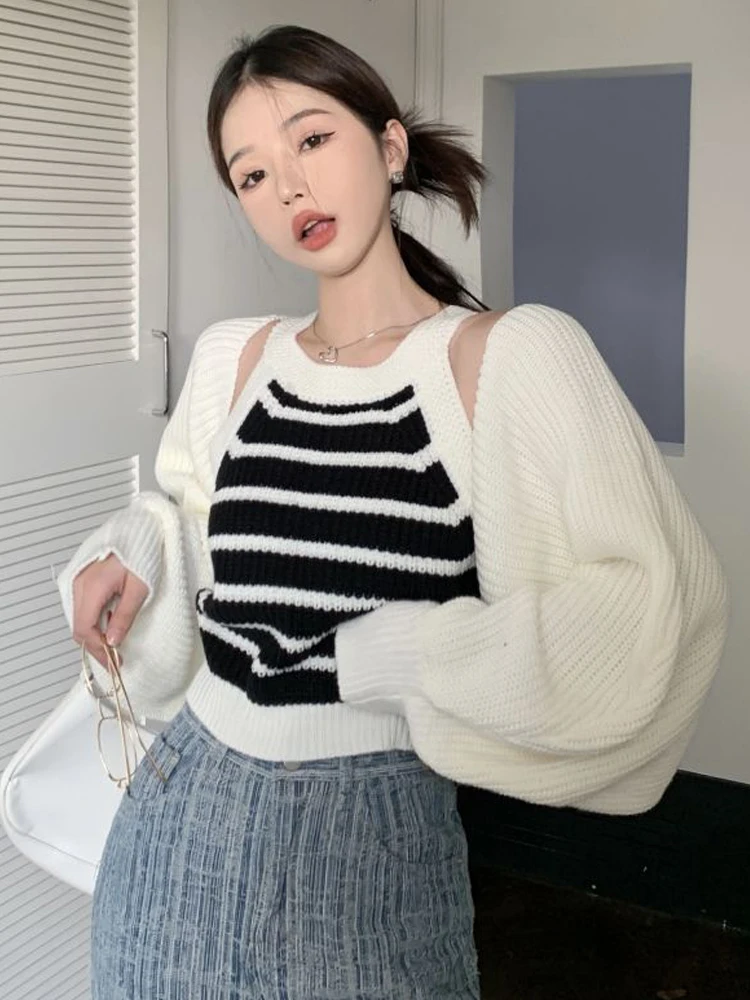 

Y2K Two Pieces Set Women Autumn Knitted Cardigan Female Hotsweet Cropped Sweater Set Ladies Sexy Chic Striped Sleeveless Vest