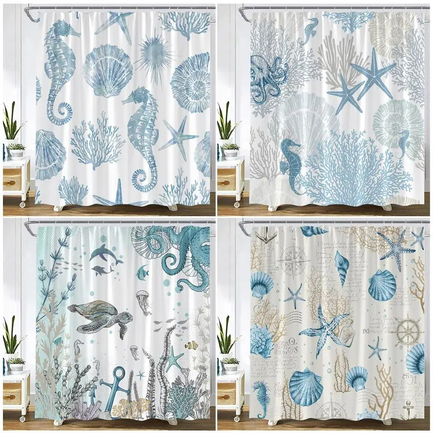 Ocean Animals Shower Curtains Sea Turtle Starfish Octopus Seahorse Shell Coral Plant Scenery Fabric Bathroom Decor Curtain Blue