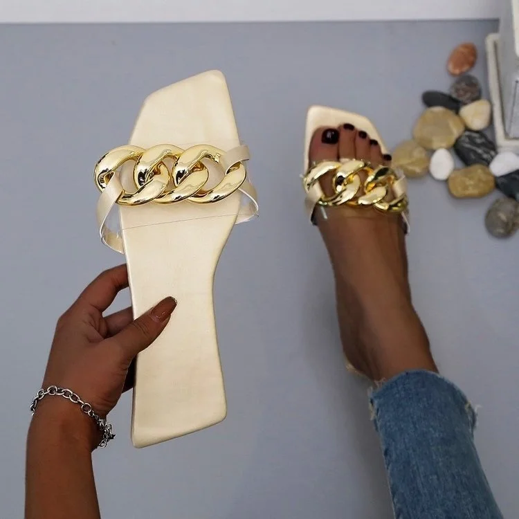 

Women's Slippers 2023 Summer Square Toe Metal Flat Sandals Women Fashion Beach Slippers Women Closed Toe Transparent Slippers 43