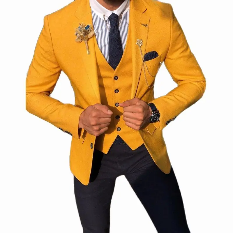 2022 New Custom Fashion Handsome Lapel Yellow  Slim Groomsmen Suit For Wedding Dinner Party Men's Three-piece