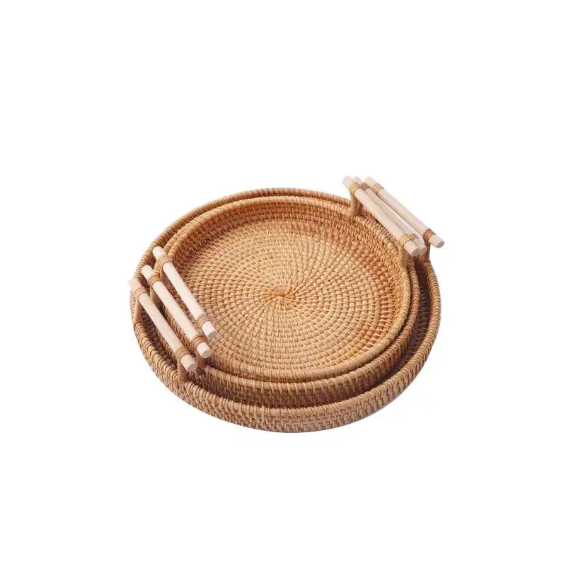

Круглый лоток из ротанга ручной работы, корзина для хранения фруктов и закусок, органайзер с ручкой, Осенний тканый лоток для хранения