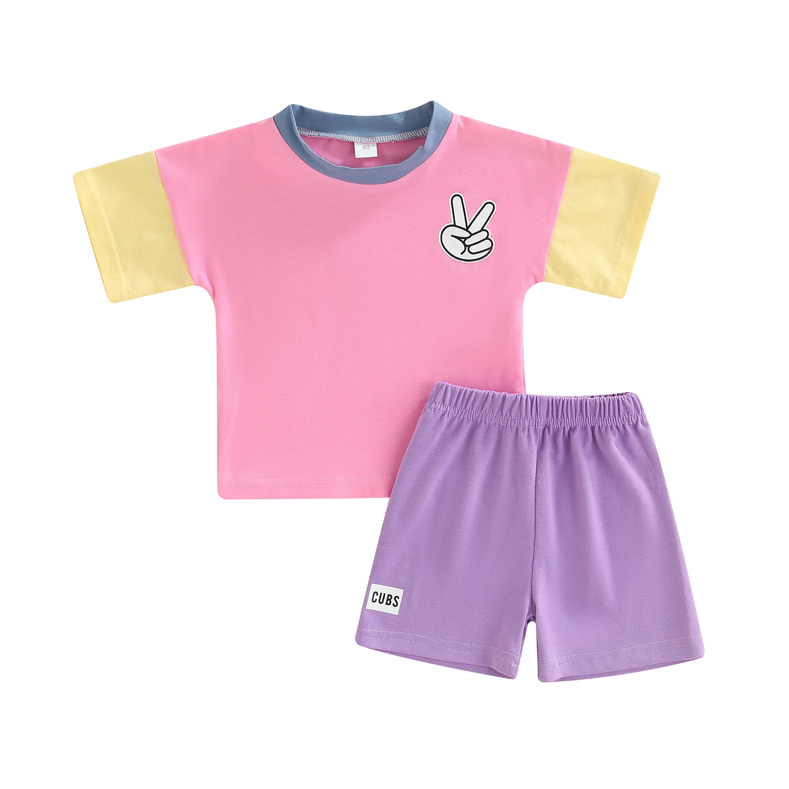 

Summer Two Piece Baby Girls Clothes Casual Set Fashion Contrast Color Short Sleeve Round Neck T-shirts and Letter Print Shorts