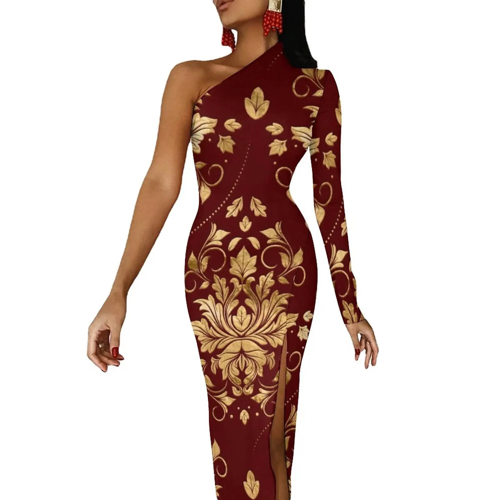 

Gold Baroque High Slit Bodycon Dress Woman Oriental Vintage Damask Night Club Maxi Dress One Shoulder Aesthetic Printed Dresses