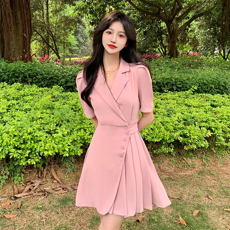 

High sense irregular suit dress women's summer 2022 new waist slim pleated bubble short sleeved skirt