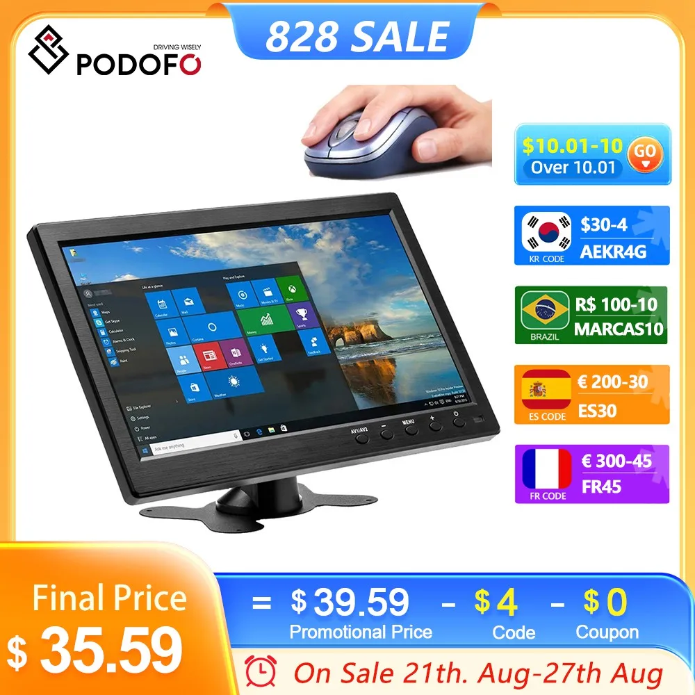 Автомобильный монитор Podofo 10,1 дюйма с HDMI VGA для телевизора и компьютера, цветной ЖК-экран, Автомобильная камера заднего вида и домашняя система безопасности