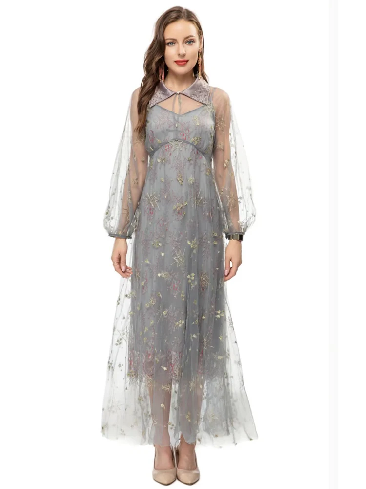 

Женское длинное платье с вышивкой, Элегантное повседневное Сетчатое платье серого цвета, солнцезащитное элегантное платье знаменитости, лето