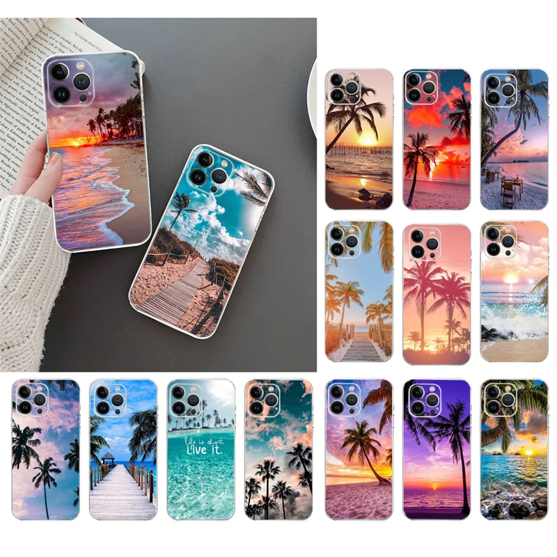 

Summer Beach Sea Palm Tree Phone Case For iphone 14 13 12 11 Pro Max XS XR X 12mini 14 Plus 7 8 SE Mobile Phone Case Funda