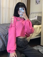 deeptown y2k korean style oversized hoodies women harajuku sexy hollow out sweatshirts casual loose pink crop tops hip hop goth