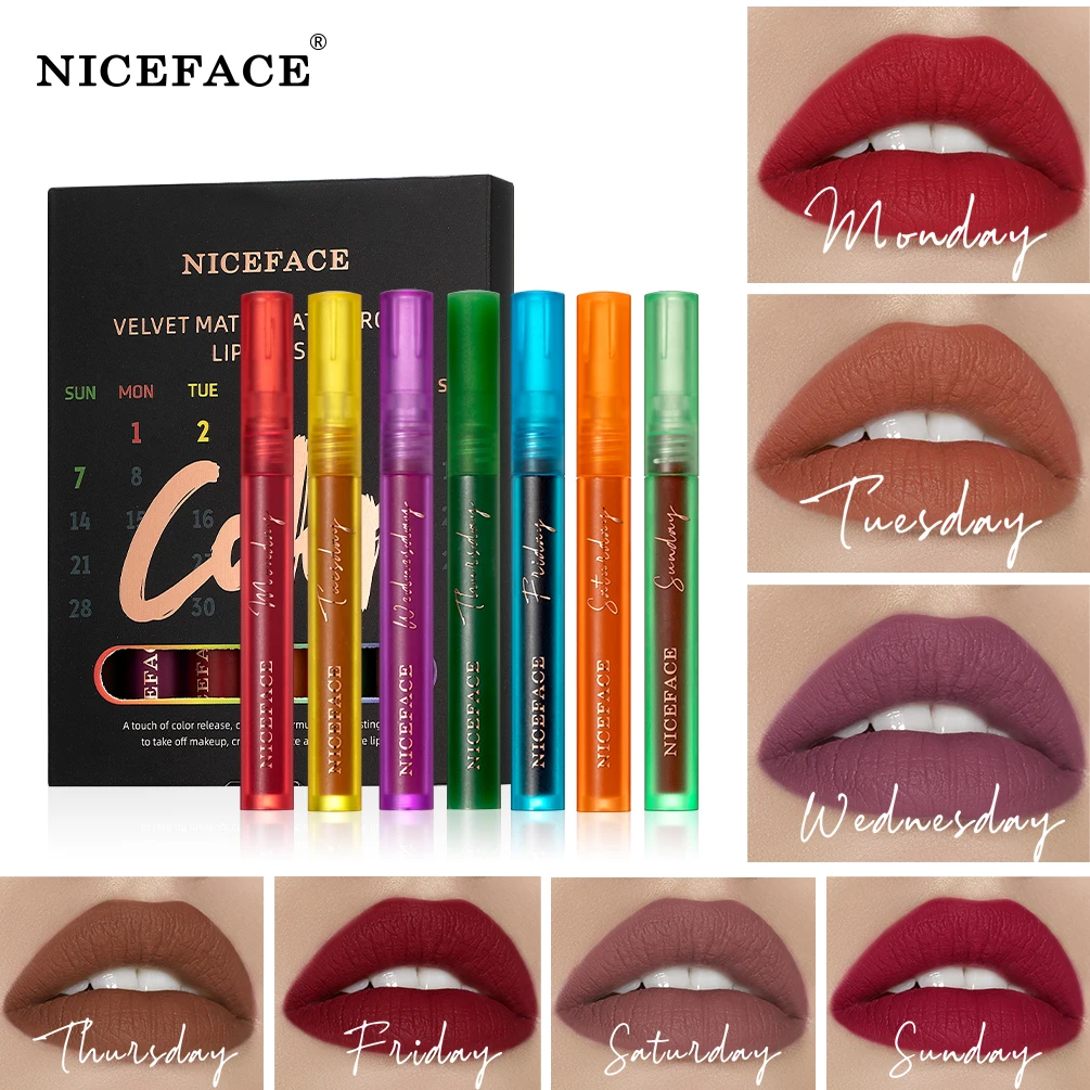 

NICEFACE 7 шт. сексуальный красный матовый бархатный блеск для губ Блестящий яркий долговечный антипригарный блеск для губ набор для макияжа