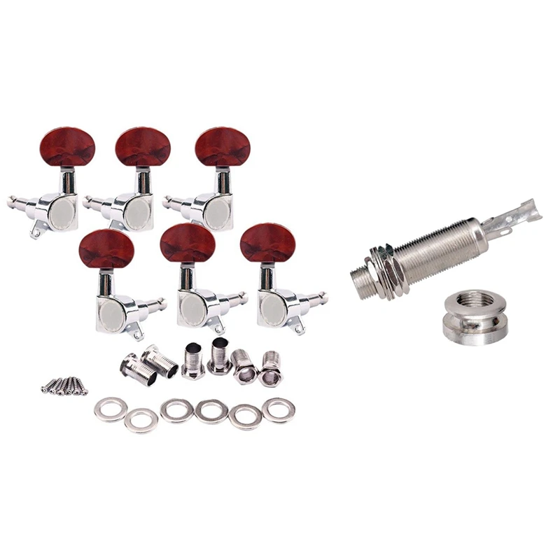 

2 Set Guitar Accessories: 1 Pcs A1347 Guitar Bass End Pin Output Jack & 1 Set 3L 3R Chrome Tuner Key