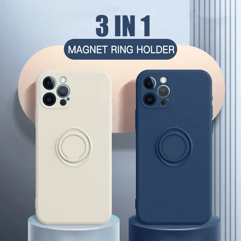 

Liquid Silicone Phone Case For IPhone 13 12 11 Pro XS Max XR X 8 7 6S 6 Plus SE 2020 Magnetic Finger Ring Stand Soft Back Cover