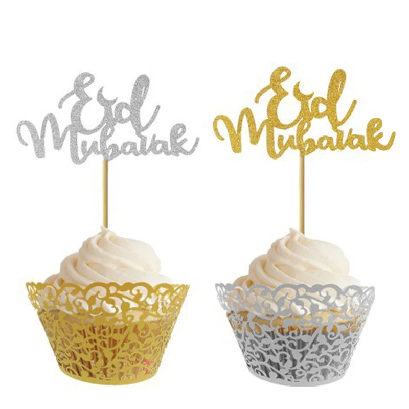 

Gold Silver Eid Mubarak Cake Topper Ramadan Kareem Cupcake Decoration Aid AL Adha Gifts Muslim Islamic Festival Favor Cake Decor