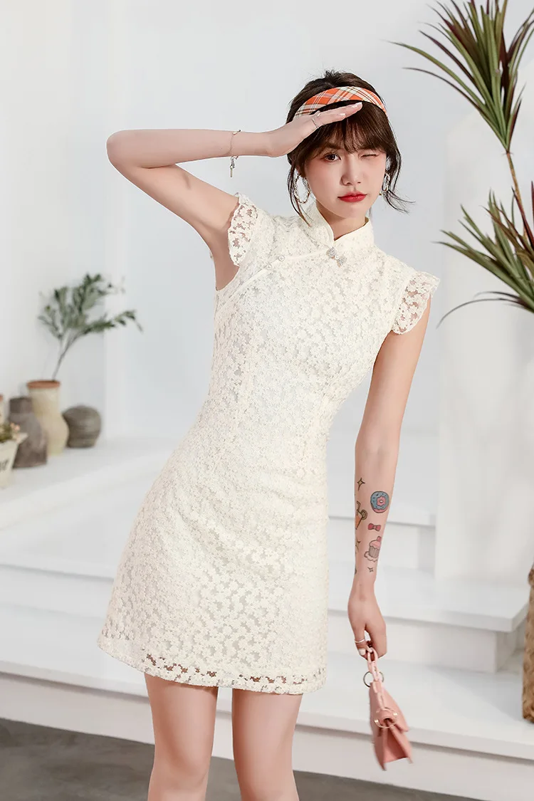 Flower Year Spring and Summer New Lace Embroidery Double-Layer Short Improved Lady Cute Short sleeve Fashion Young Cheo...
