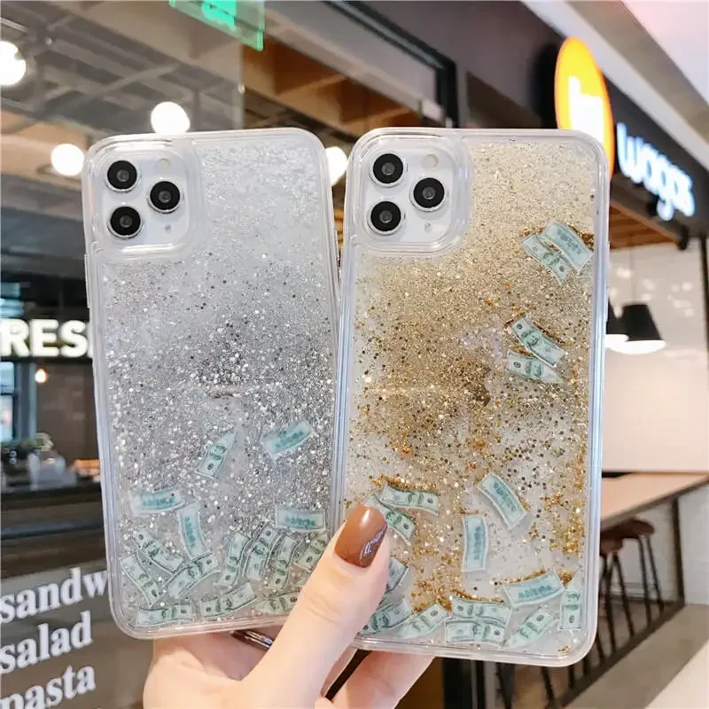 Фото Чехол Dollar Quicksand для iPhone 16, 14, 15, Pro Max, чехол для телефона, блестящий движущийся песок, золотые, серебряные фигурки, ракушка, жидкий корпус №5