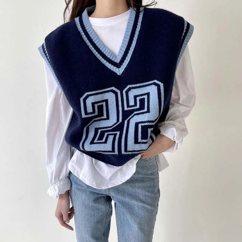 

Женский свитер JMPRS с V-образным вырезом, Модный пуловер с буквами, вязаные женские топы без рукавов, весенний Синий Свободный женский свитер ...