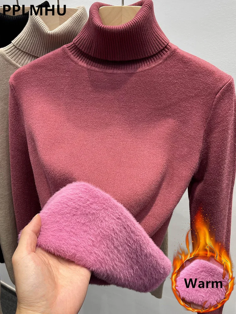

Turtleneck Sweater Women Winter Thick Plush Fleece Lined Knit Pullover Warm Soft Knitwear Jumper Slim Sueter Top New Malhas Pull