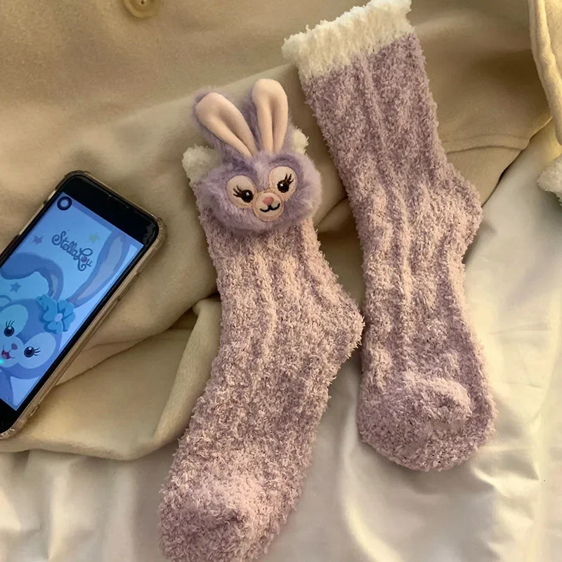 Новые кавайные носки среднего размера из кораллового флиса Disney Stellalou Duffy Bear