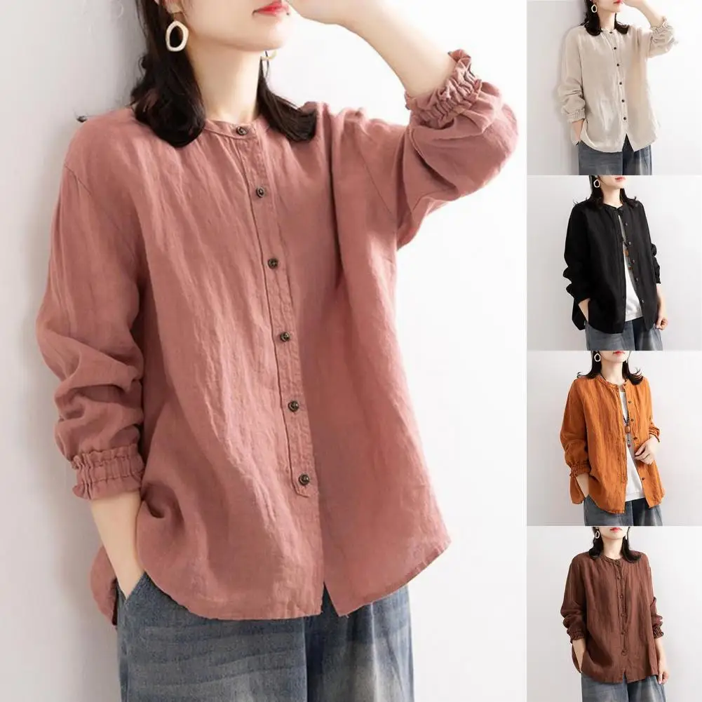 

Осенняя женская рубашка в этническом стиле, с круглым воротником, из хлопка и льна, однотонная женская одежда с оборками на манжетах, женская одежда, женская верхняя одежда, уличная одежда