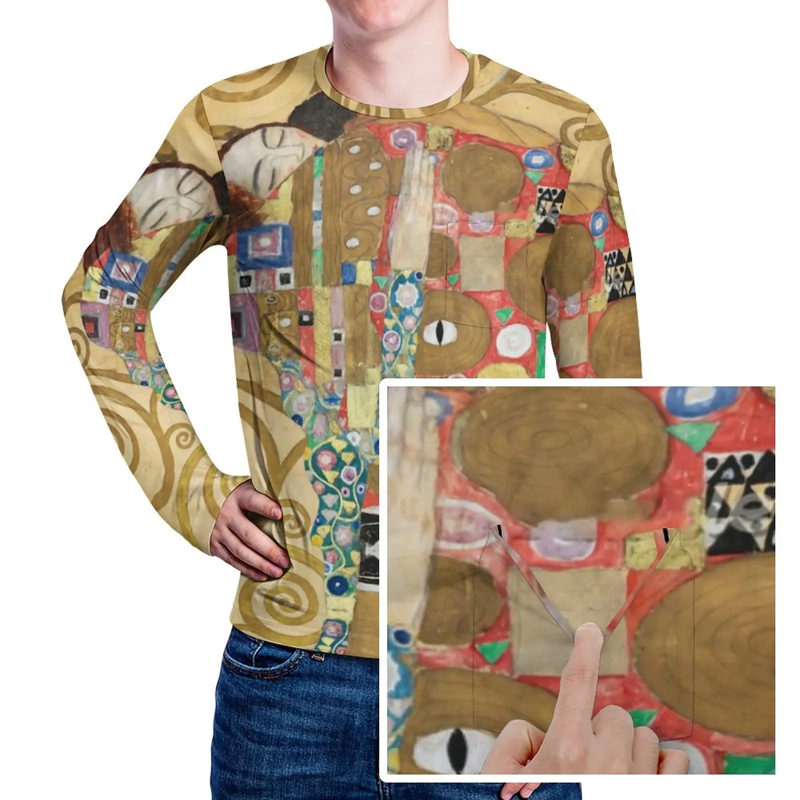 

Футболка Gustav Klimt, Винтажная Футболка с принтом Фриза и карманом, дизайнерская футболка с длинными рукавами, осенняя одежда больших размеров ...