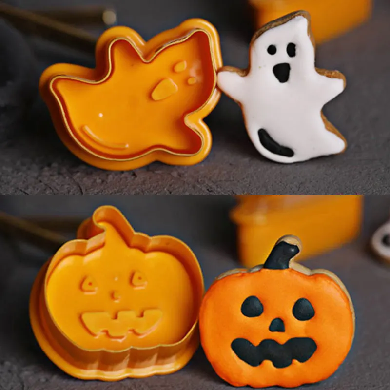

4pcs Halloween Pumpkin Ghost Theme Plastic Cookie Cutter DIY Baking Mould Plunger Fondant Sugarcraft Chocolate Mold Cake Tools