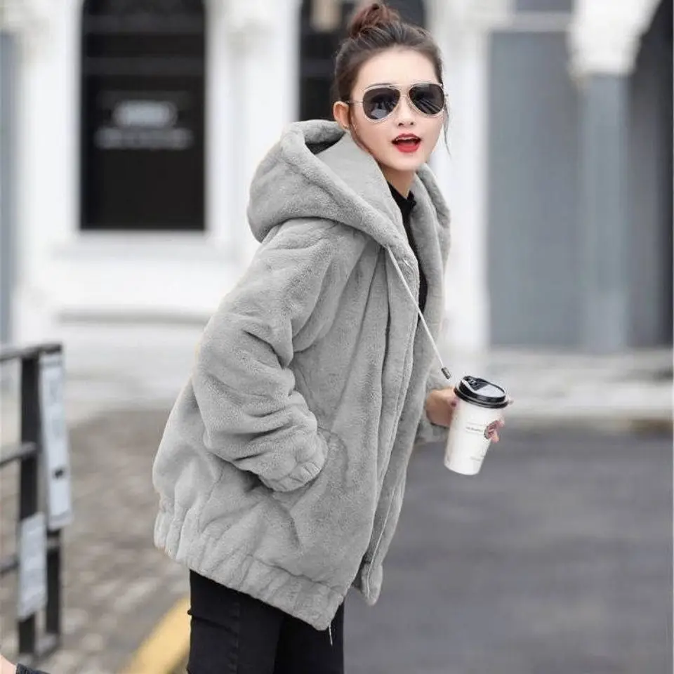 Winter Coat for Women Faux Fur Coats Jackets Faux Rabbit Fur Hooded Sweatshirt Jacket Cotton Lined Coat Warm Korean Fashion New
