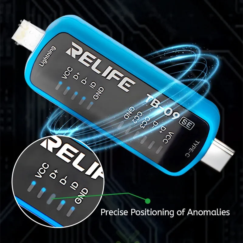 Фото RELIFE TB-09 SE Тестер зарядного порта для мобильного телефона IP Android Ремонт Двойной разъем Lightning Тип C Интерфейс Быстрый детектор неисправностей №4
