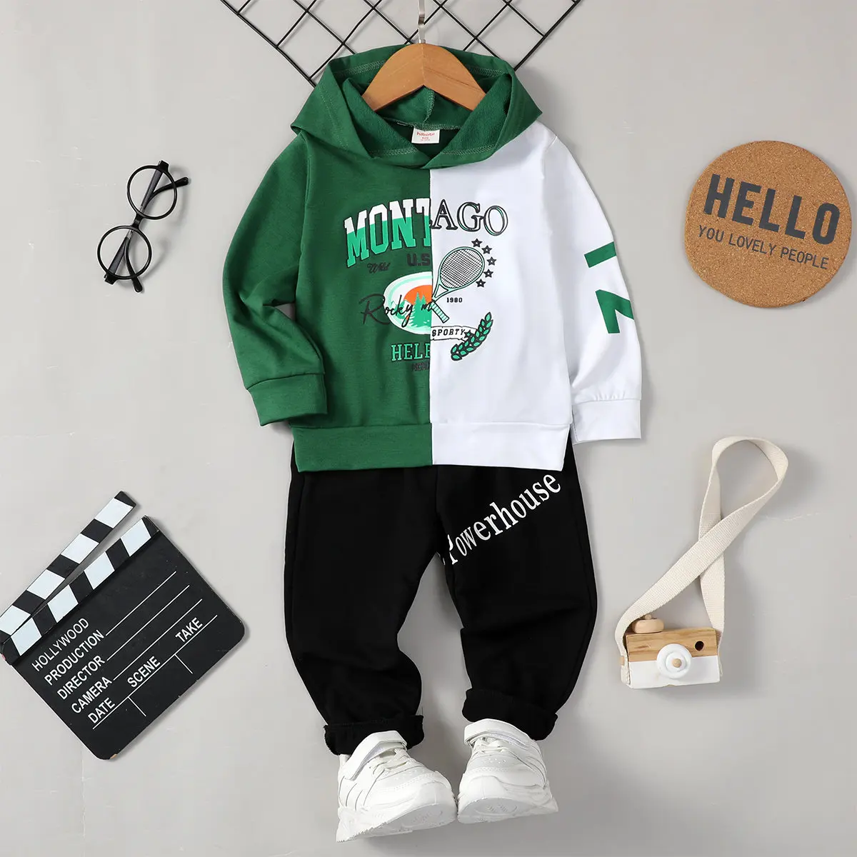 

hibobi Toddler Letter Printed Color-block Long-sleeve Hooded Sweater And Pants Sports Set Toddler Clothing Set 2 Piece