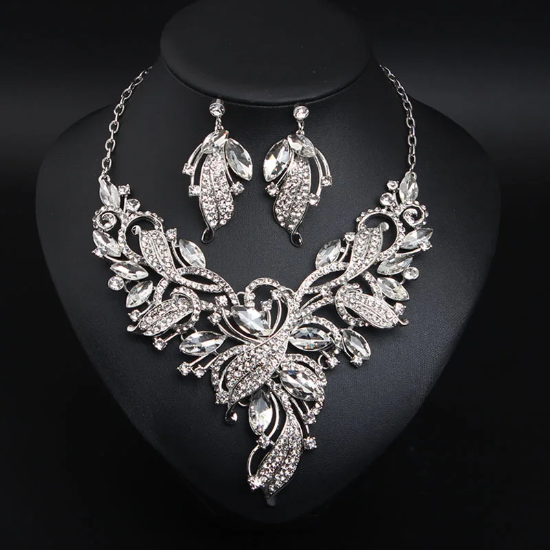 European Style Women Designer Luxury Crystal Zircon Flower Earrings Necklace Set Woman Jewelry Accessories Party Gift