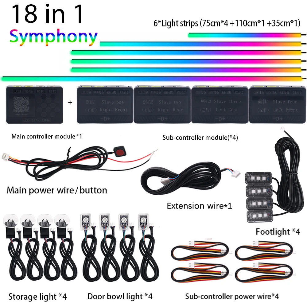 

Универсальная двухзонная светодиодная подсветка 18 в 1, симфония, радуга, RGB, неоновая полоса для салона автомобиля, акриловое украшение, атмосферная лампа