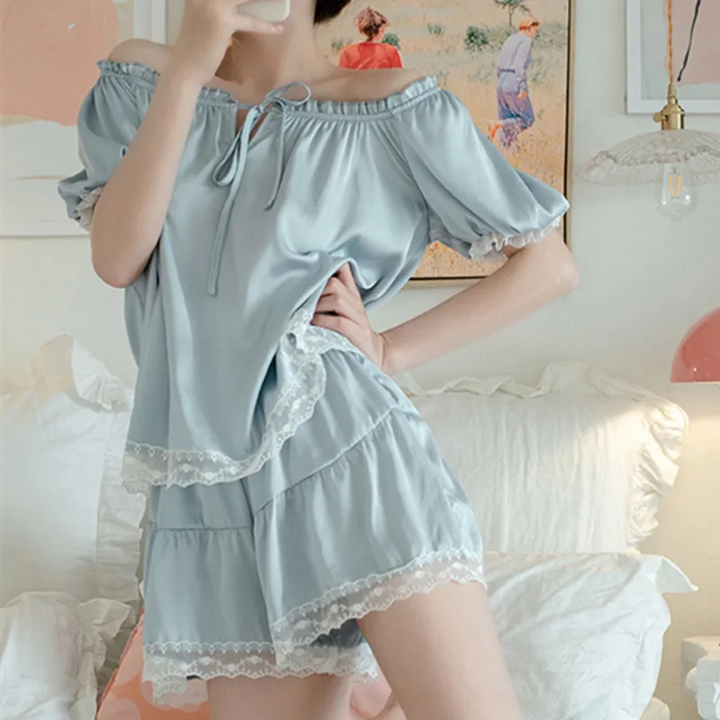 Summer Women's Pajama Set Silk Satin Lace Pyjama Short Sleeve 2 Pcs Patchwork Solid Pajamas Shirt Shorts Home Clothes Nightwear