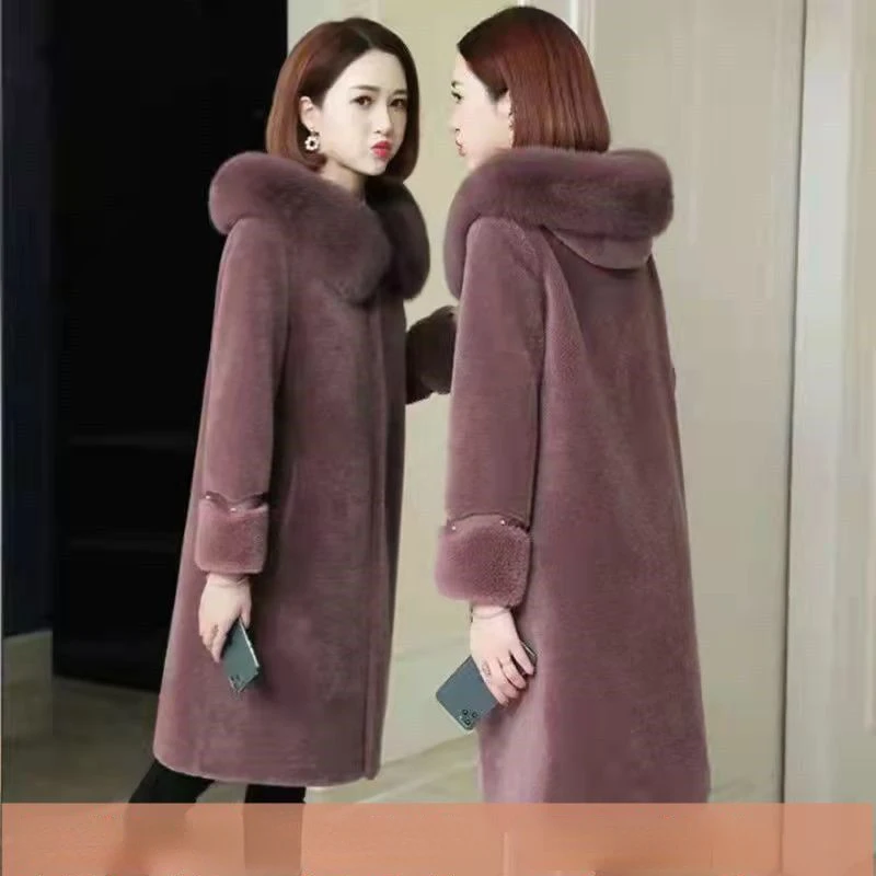 Real Fur Coat High Quality Womens Natural Wool Coats Fur Collar Hooded Thick Warm Elegant Loose Long Outerwear for Women E762