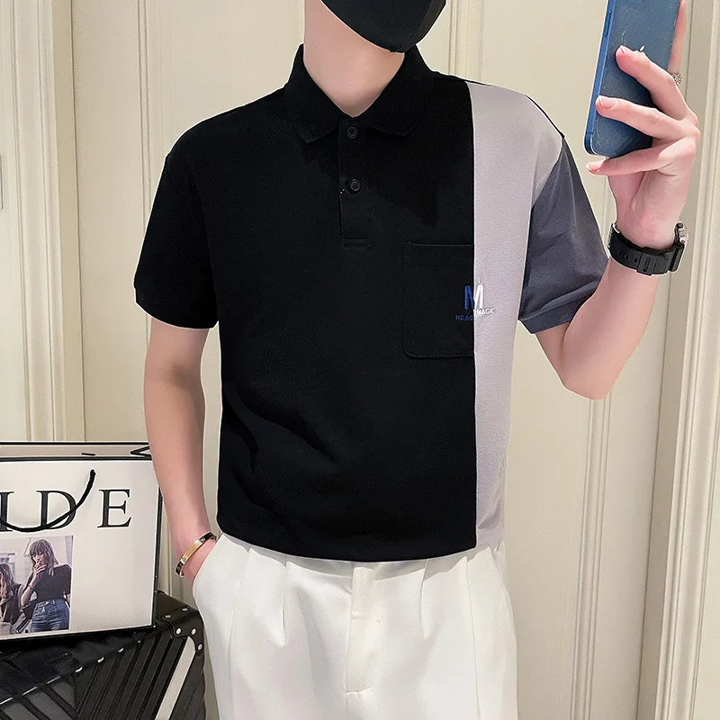 

Мужская приталенная футболка-поло, Повседневная футболка с короткими рукавами и контрастной строчкой, одежда для улицы, лето 2023