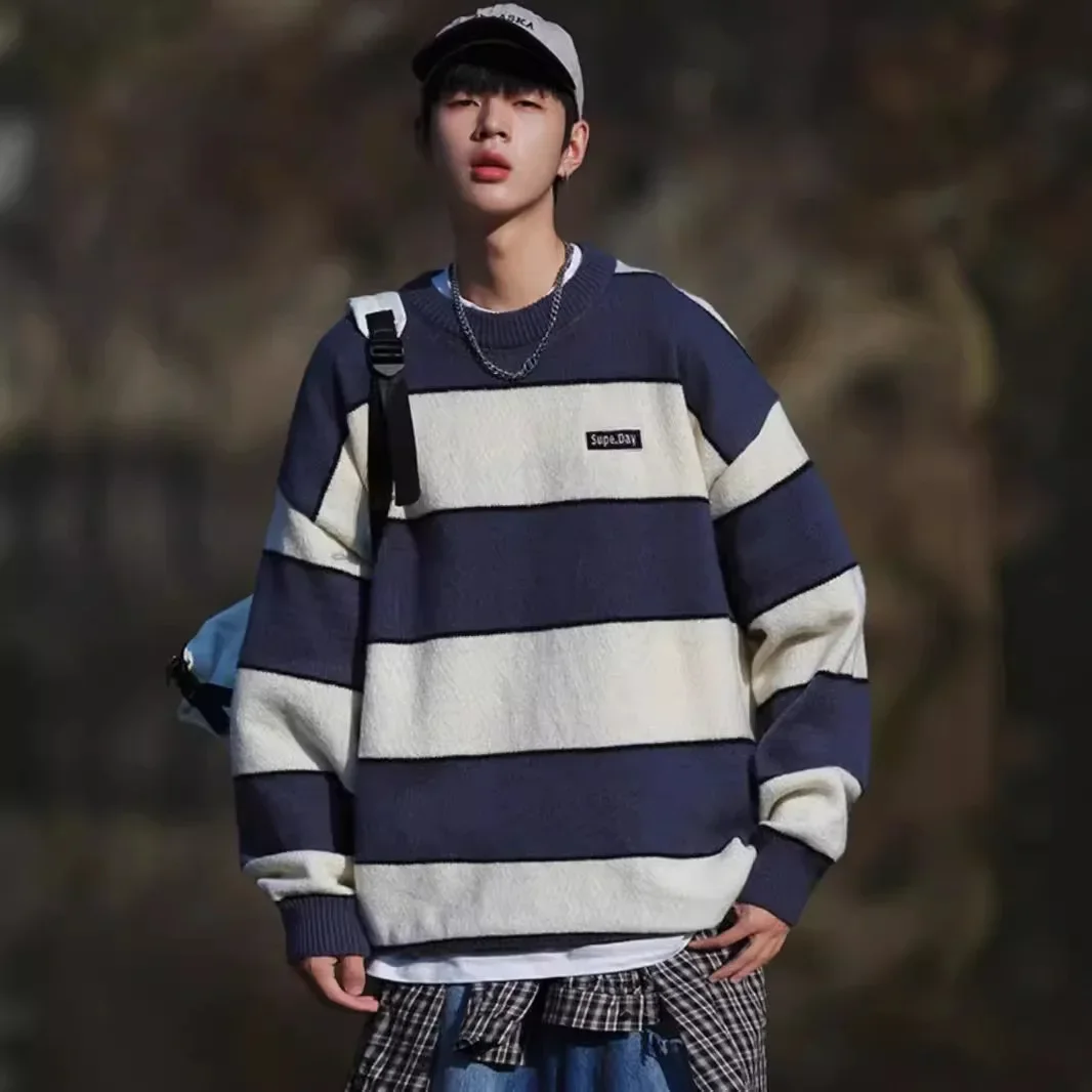Мужской трикотажный свитер в полоску свободный повседневный пуловер винтажном