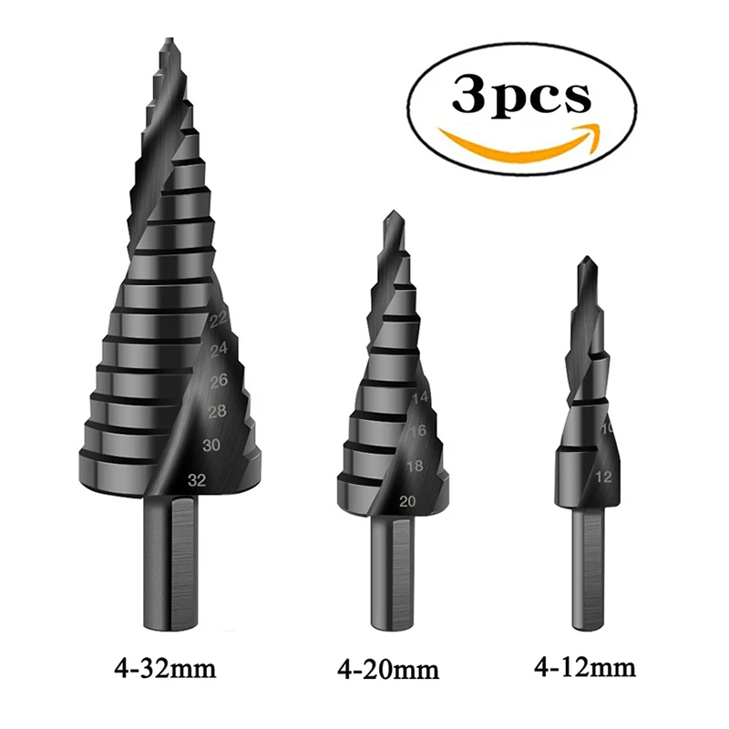 

Black 3-piece Nitrided Spiral Groove Step Drill Bit HSS Triangular Shank Pagoda Drill Bit 4-12/4-20/4-32mm Set Hole Opener