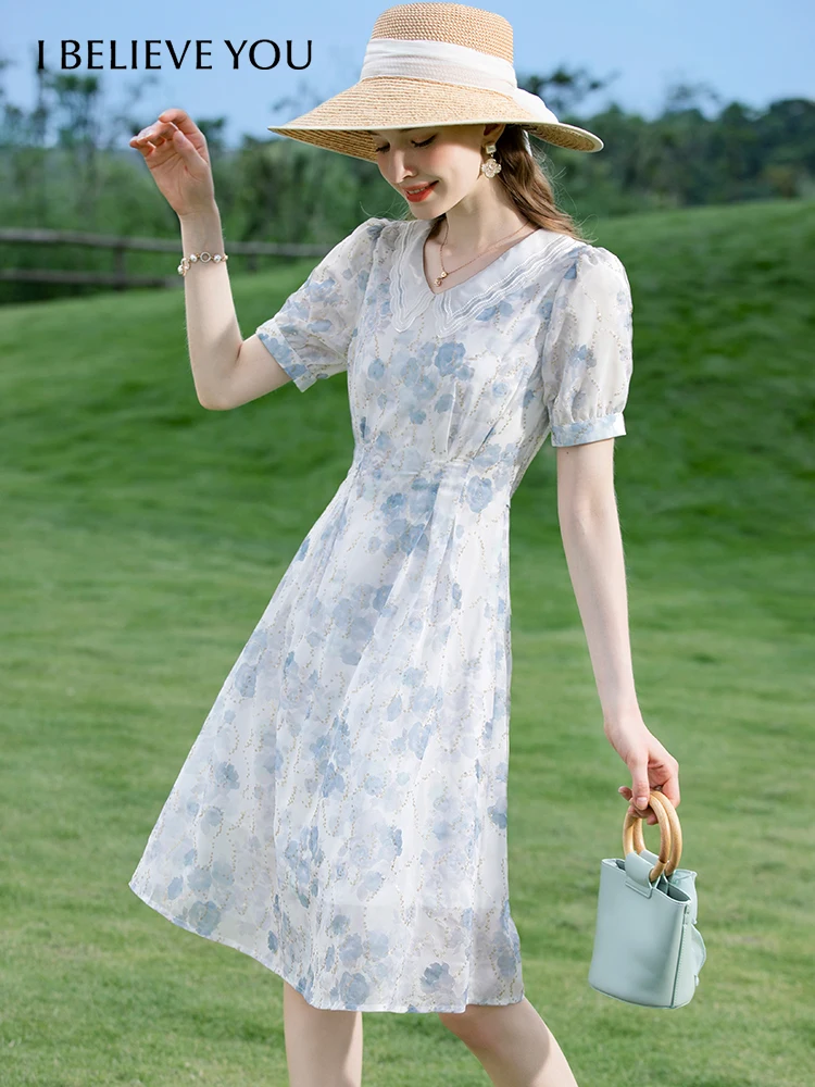 

I BELIEVE YOU Dresses for Women 2022 Summer French Slim Chiffon Floral Vneck Short Sleeves Knee-Length Aline Vestido DLQ224499A