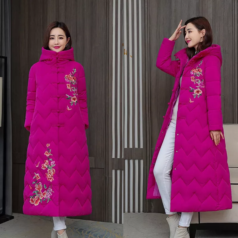 New2022 women embroidered clothes lengthened over knee loose cotton padded jacket Chinese style national style jacket